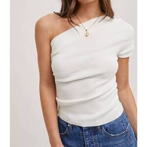 NEW BLUIVY draped knit asymmetric one shoulder knit top in ivory